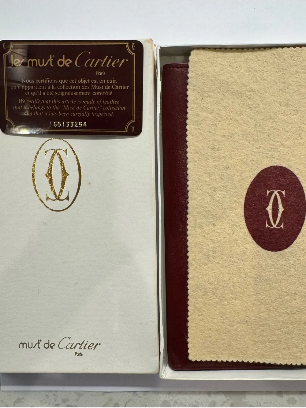 Vintage Must de Cartier Burgundy Leather Passport Holder Travel Wallet w/ Box